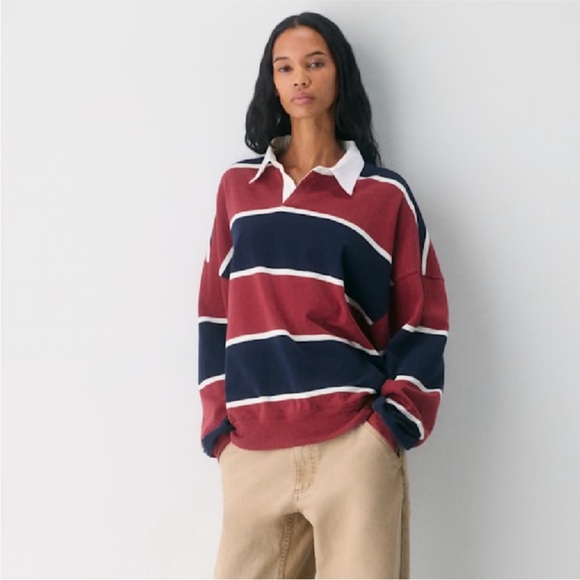 Aritzia Lomu Polo Long Sleeve Striped Top - Cordovan /Admiral size XL - Picture 10 of 11